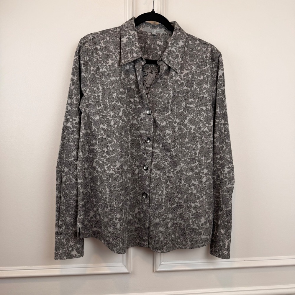 Non-Iron Fitted Grey Floral Cotton Button Down Shirt Blouse Size 14 Long Sleeve